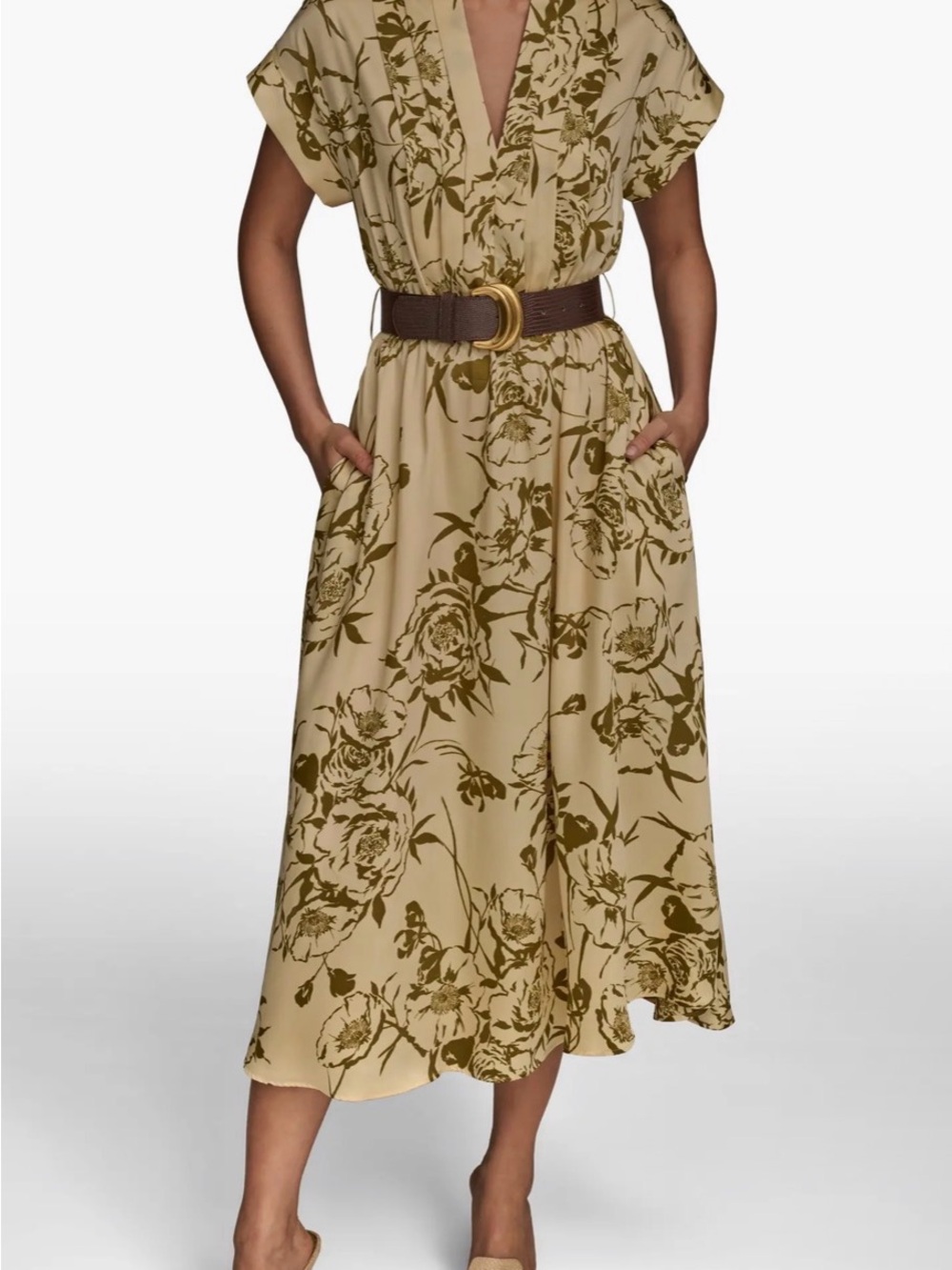 Donna Karan Beige Floral Midi Dress with Olive Print